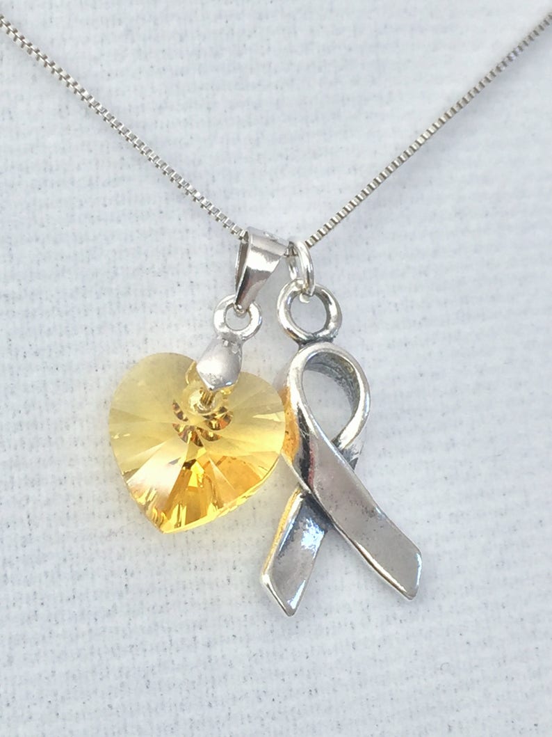 Bladder Cancer, Bone Cancer, Sarcoma, Spina Bifida, Endometriosis, or Support Our Troops Sterling Silver and Yellow Heart Awareness Necklace image 2