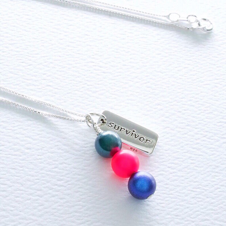 Thyroid Cancer Awareness Swarovski Pearl Dangle and Inspirational Word Charm Sterling Silver Necklace, Teal Pink Blue, Chemo Survivor Gift image 2