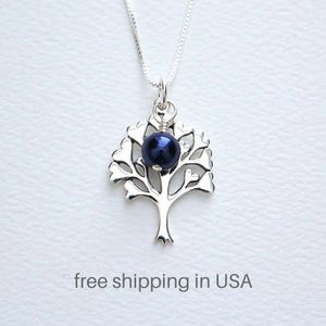Collar de plata de ley con el Árbol de la Vida y ramas de corazón, con colgante de perla con piedra natal de Swarovski. Joya simbólica del árbol genealógico. Caja de regalo.