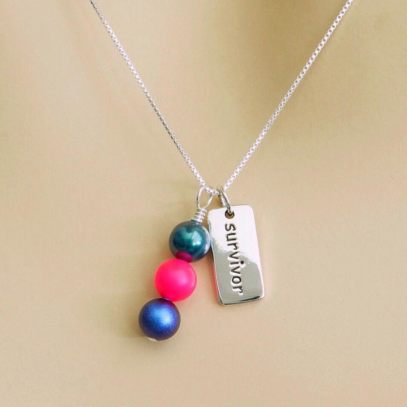 Thyroid Cancer Awareness Swarovski Pearl Dangle and Inspirational Word Charm Sterling Silver Necklace, Teal Pink Blue, Chemo Survivor Gift image 4