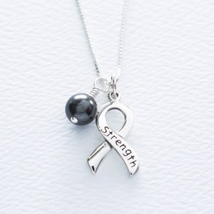 Melanoma Sterling Silver Awareness Necklace, Skin Cancer POW MIA 911 Jewelry, Black Swarovski Pearl, Free Shipping, Survivor Hope Strength