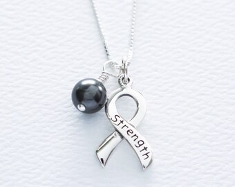 Melanoma Sterling Silver Awareness Necklace, Skin Cancer POW MIA 911 Jewelry, Black Swarovski Pearl, Free Shipping, Survivor Hope Strength