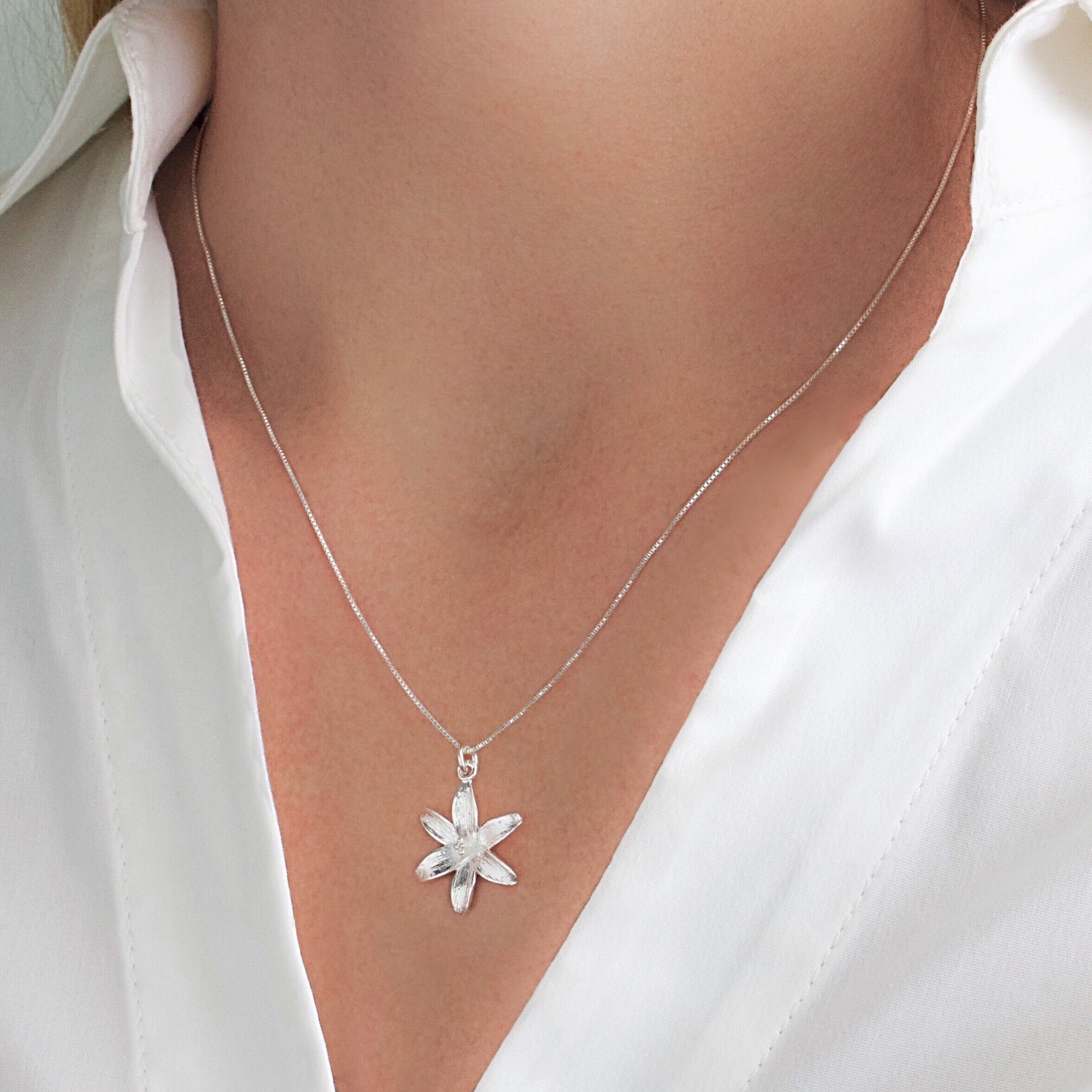 Sterling Silver Lily Flower Pendant Necklace, Mothers Day