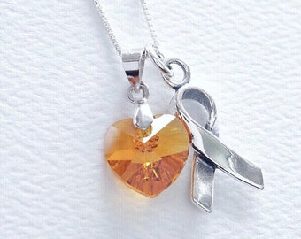 Leukemia, Kidney Cancer, Multiple Sclerosis ADHD Awareness Necklace Orange Topaz Swarovski Crystal Heart, Sterling Silver Support Ribbon