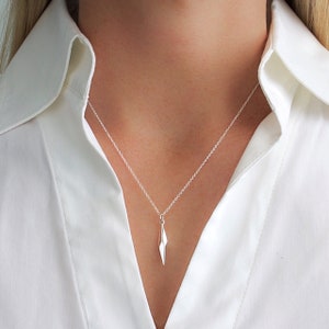 Puede incluir: Un collar de plata con un colgante geom&eacute;trico en forma de punta afilada.