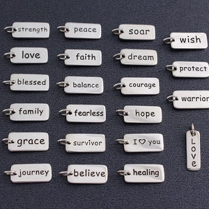 Sterling Silver Word Charm, Fearless Survivor Believe Strength Love Blessed Family Grace Journey Peace Faith Balance Courage Soar Warrior