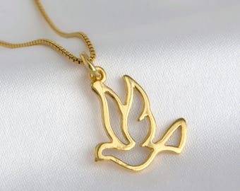 Collier en or colombe, collier oiseau pour femme, bijoux foi chrétienne, pendentif en or 24 carats, bijoux de Noël en or, colombe de la paix de Pâques, livraison gratuite