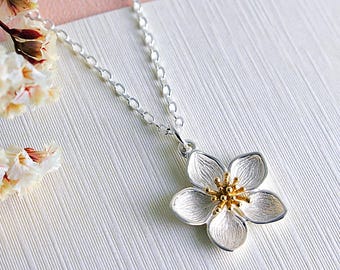 Collier fleurs de cerisier, fleur en argent sterling, collier floral femme demoiselle d'honneur, pendentif fleur en argent, bijoux de printemps, livraison gratuite