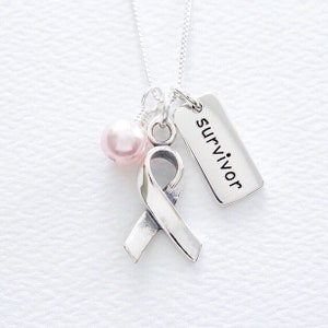 Collier en argent sterling contre le cancer du sein, perle rose de Swarovski, ruban de soutien en argent, cadeau de sensibilisation au cancer du sein, breloque mot, cadeau de survivante