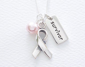 Breast Cancer Sterling Silver Necklace, Pink Swarovski Pearl, Silver Support Ribbon, Breast Cancer Awareness Gift, Word Charm, Survivor Gift