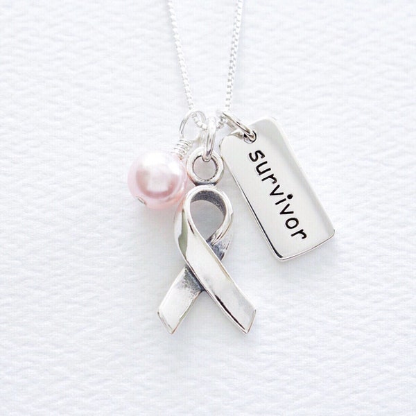 borstkanker sterling zilveren ketting, roze swarovski parel, zilveren ondersteuning lint, borstkanker bewustzijn gift, woord charme, overlevende gift