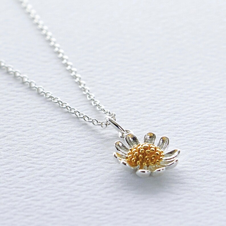 May include: A silver chain necklace with a delicate daisy pendant. The daisy has a gold center and silver petals.