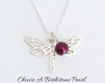 Sterling Silver Dragonfly Outline Charm Necklace With Swarovski Birthstone Pearl, Art Nouveau Jewelry Inspired, Daughter, Sister, Niece Gift