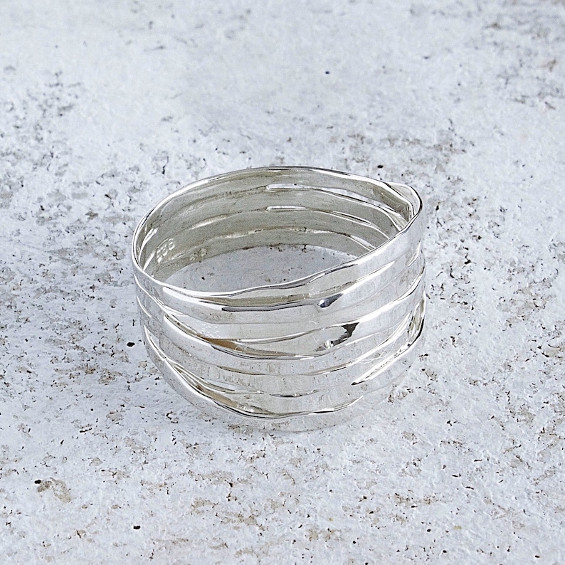 Multi Layered Sterling Silver Hammered Ring, Women's Multi Band Ring, Textured Strand Ring, Wrap Around Layered Ring, High Polished Ring image 3