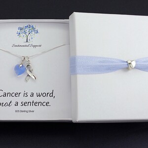 K&ouml;nnte beinhalten: Eine silberne Halskette mit einem blauen Herz-Anh&auml;nger und einem silbernen Band-Anh&auml;nger in einer wei&szlig;en Schachtel mit einem hellblauen Band. Die Schachtel tr&auml;gt den Text "Sentimental Support" und "Cancer is a word, not a sentence."  925 Sterling Silver.