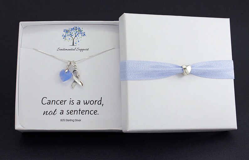 K&ouml;nnte beinhalten: Eine silberne Halskette mit einem blauen Herz-Anh&auml;nger und einem silbernen Band-Anh&auml;nger in einer wei&szlig;en Schachtel mit einem hellblauen Band. Die Schachtel tr&auml;gt den Text "Sentimental Support" und "Cancer is a word, not a sentence."  925 Sterling Silver.
