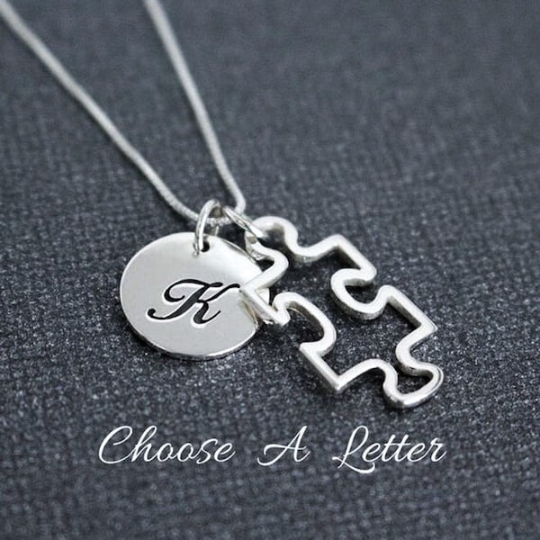 Autism Awareness Puzzle Piece And Letter Charm Sterling Silver Necklace, Personalized Monogram Initial Disc, Jigsaw Outline, Gift For Mother