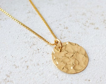 Gold Hammered Disc Pendant Necklace, Hammered Circle Jewelry, Gold Filled Round Pendant, Women's Simple Geometric Necklace, FREE SHIPPING