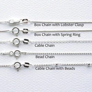 May include: Five different types of silver chains with clasps. The chains are labeled "Box Chain with Lobster Clasp", "Box Chain with Spring Ring", "Cable Chain", "Bead Chain", and "Cable Chain with Beads".