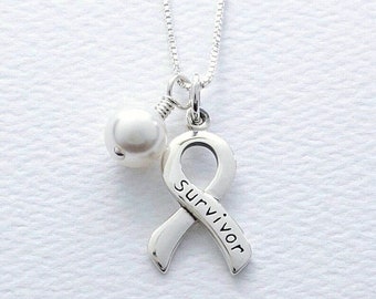 Lung Cancer Sterling Silver Awareness Necklace, White Swarovski Pearl, FREE SHIPPING, Mesothelioma, Lung Disease, Emphysema, Cancer Survivor