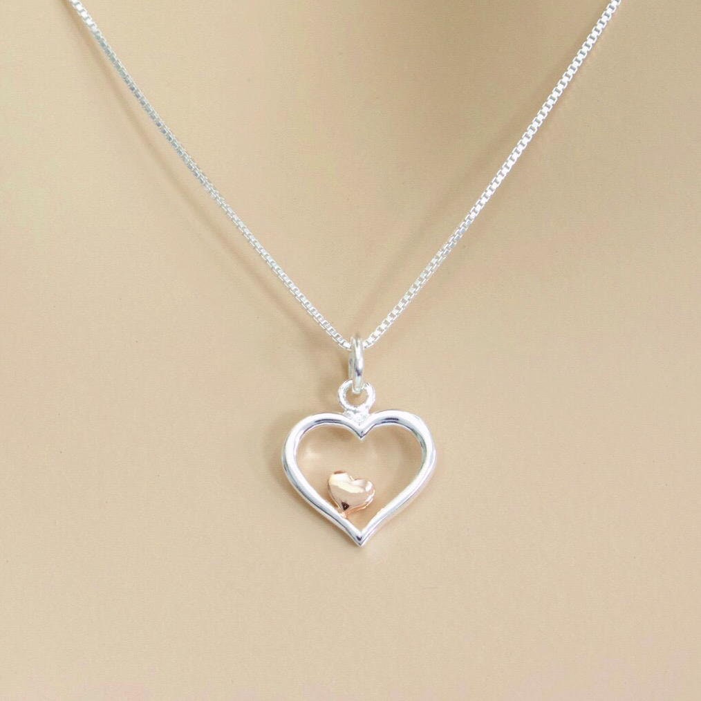 Sterling Silver Heart Necklace With Rose Gold Heart, Mothers