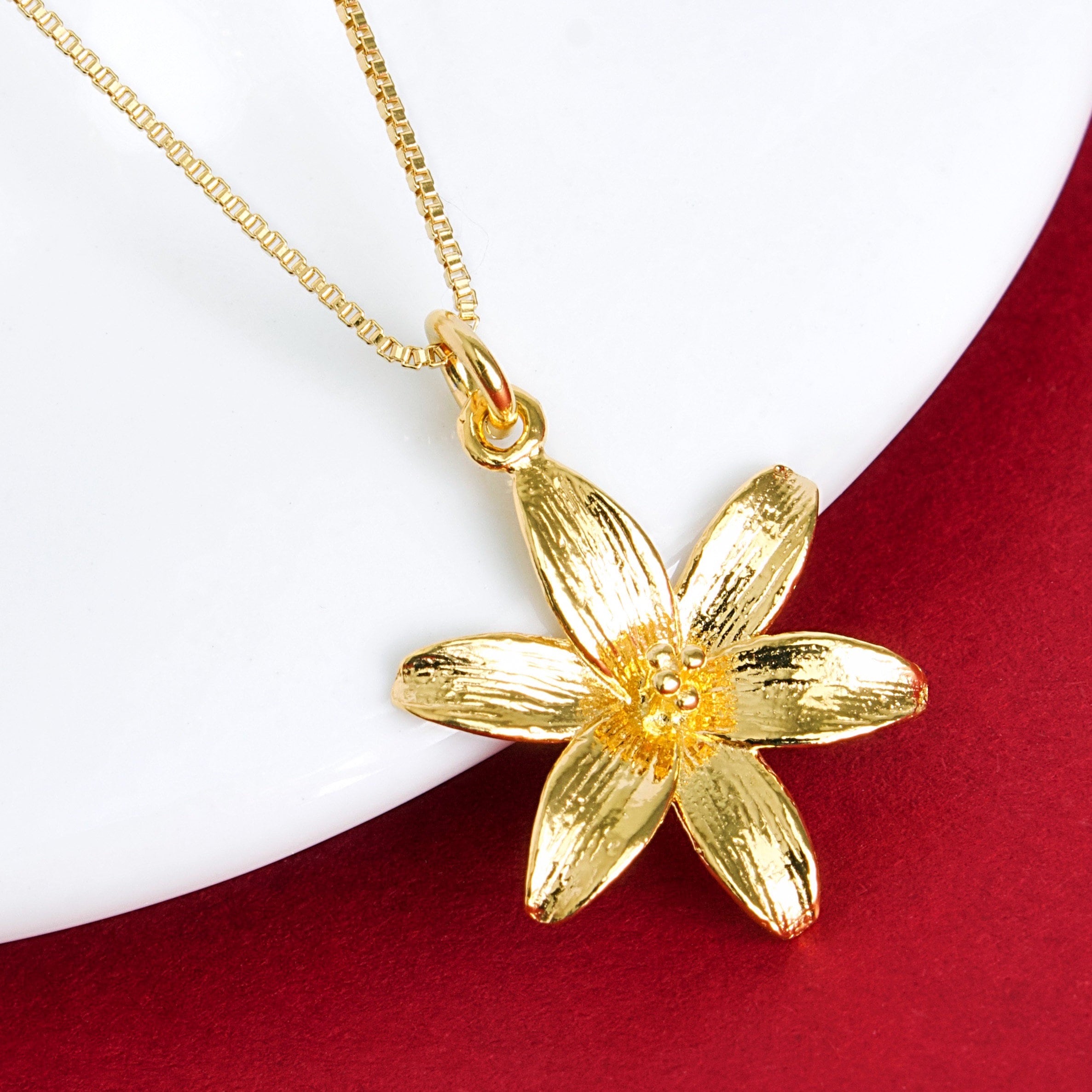 Gold Lily Flower Pendant Necklace, 24k Gold Vermeil Style Lily 