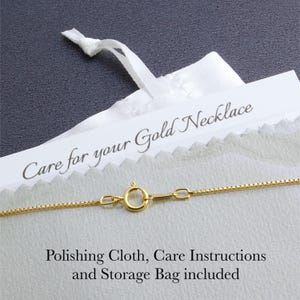 May include: Close-up of a gold necklace with a delicate chain and clasp. A white bag with the text "Care for your Gold Necklace" is visible. The image also includes a polishing cloth, care instructions, and a storage bag.