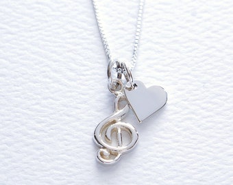 Treble Clef Music Lover Sterling Silver Necklace With Small Heart Charm, FREE SHIPPING, G Clef Pendant, Music Note Jewelry, Musician Gift