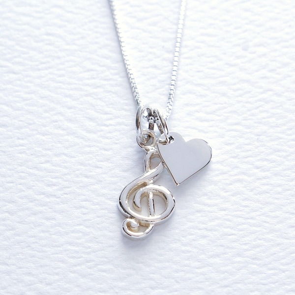 Treble Clef Music Lover Sterling Silver Necklace With Small Heart Charm, FREE SHIPPING, G Clef Pendant, Music Note Jewelry, Musician Gift
