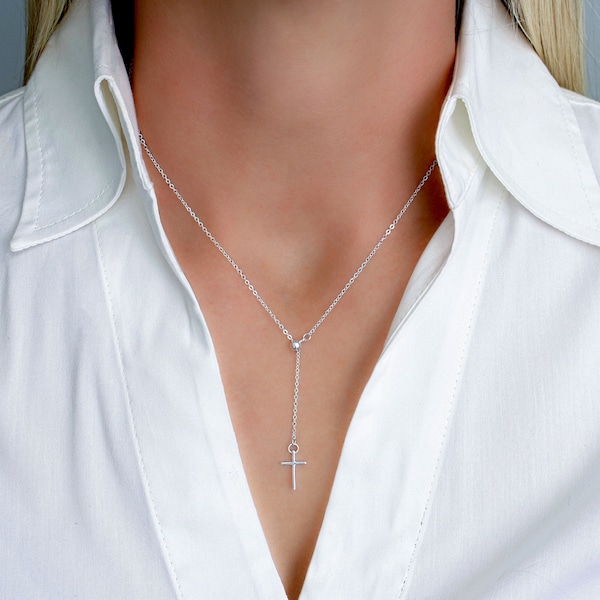 Silver Cross Lariat Necklace, Sterling Silver Cross, Religious Jewelry, Adjustable Cross Necklace, Y Necklace, Christian Gift, FREE SHIPPING