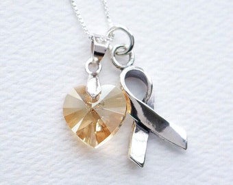 Childhood Cancer Awareness Sterling Silver Necklace, Gold Swarovski Heart, FREE SHIPPING, Support Ribbon Children's Cancer, Pediatric Cancer