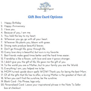May include: A list of 20 gift box card options for birthdays, anniversaries, and other occasions. The options include sentimental phrases like "I love you" and "You hold the key to my heart".
