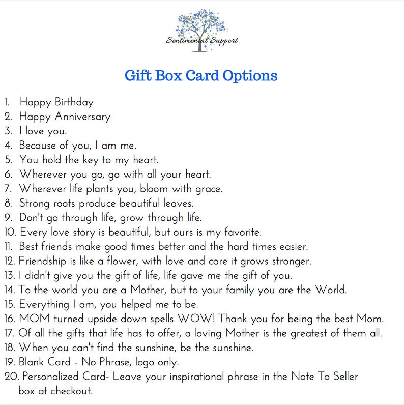 May include: A list of 20 gift box card options for birthdays, anniversaries, and other occasions. The options include sentimental phrases like "I love you" and "You hold the key to my heart".