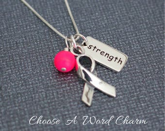 Breast Cancer Pink Awareness Sterling Silver Necklace, Swarovski Pearl, Silver Support Ribbon, Inspirational Word Charm, Survivor Hope Gift