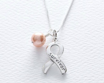 Uterine, Endometrial Cancer Awareness Necklace, FREE SHIPPING, Peach Swarovski Pearl, Support Ribbon, Survivor Strength Hope Gift