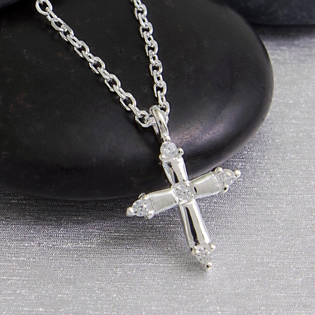Small Sterling Silver and CZ Cross Necklace, Dainty Cubic Zirconia