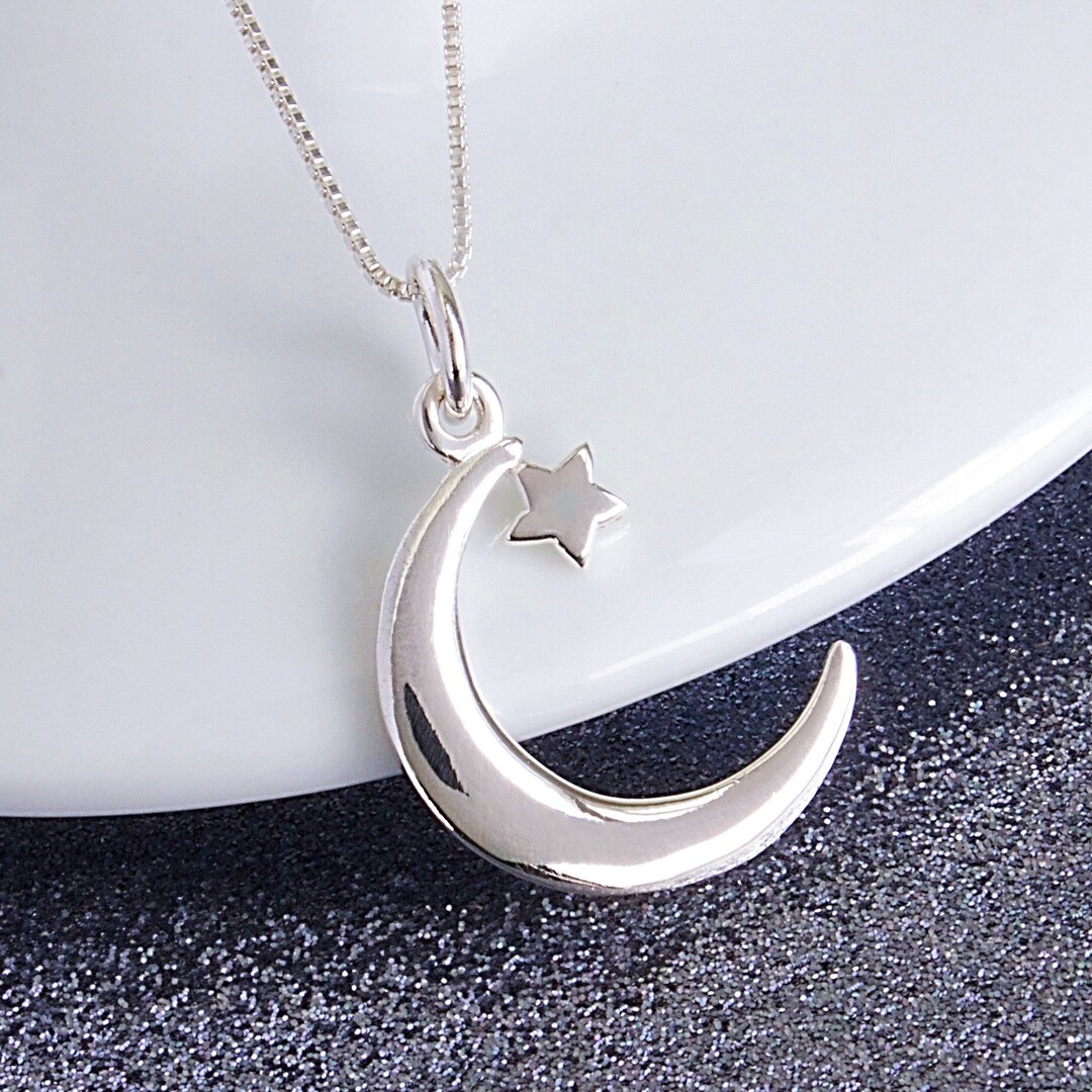 Crescent Moon and Star Necklace, Sterling Silver Moon
