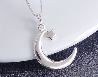 Crescent Moon and Star Necklace, Sterling Silver Moon Necklace, Moon Pendant, Lunar Necklace, Celestial Jewelry, FREE SHIPPING