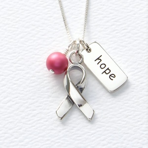 Sterlingzilveren borstkankerketting, roze Swarovski-parel borstkanker, lint borstkanker, GRATIS VERZENDING, Cancer Survivor
