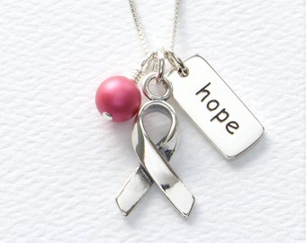 Breast Cancer Sterling Silver Necklace, Breast Cancer Pink Swarovski Pearl, Breast Cancer Awareness Ribbon, FREE SHIPPING, Cancer Survivor