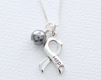 Diabetes, Brain Tumor, Glioblastoma, Asthma, Parkinsons Sterling Silver Gray Pearl Awareness Necklace, FREE SHIPPING, Survivor Hope Strength