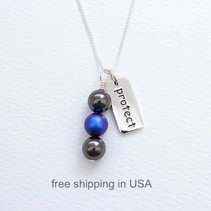 Police Support Sterling Silver and Swarovski Pearls Necklace, Inspirational Word Charm, Blue Black Law Enforcement Awareness, Thin Blue Line