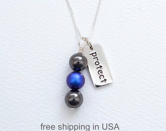 Police Support Sterling Silver and Swarovski Pearls Necklace, Inspirational Word Charm, Blue Black Law Enforcement Awareness, Thin Blue Line