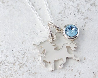 Unicorn Necklace with Swarovski Crystal Birthstone, Unicorn Sterling Silver Necklace, Girls Horse Jewelry, Fantasy Necklace, FREE SHIPPING