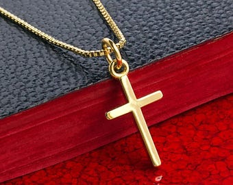 Collier petite croix en or massif 14 carats, bijoux religieux en or, collier chrétien pour femme, pendentif croix latine, croix en or livraison gratuite