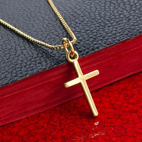 14 Karat Solid Gold Small Cross Necklace, Gold Religious Jewelry, Womens Christian Necklace, Latin Cross Pendant, Gold Cross FREE SHIPPING