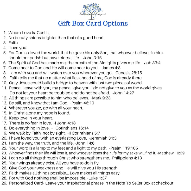 May include: A white card with a blue header that reads "Gift Box Card Options." The card lists 29 inspirational quotes and phrases, including Bible verses and affirmations. The card is designed for personalized gift messages.