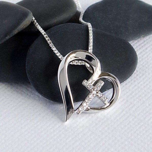 Sterling Silver Cubic Zirconia Cross and Heart Necklace, Women's Silver Cross, Heart Cross Pendant, Religious Faith Jewelry FREE SHIPPING
