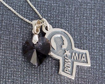 POW MIA Black Awareness Ribbon, Vietnam Veteran Swarovski Heart Sterling Silver Charm You Are Not Forgotten, Veterans Gift Mom Wife Relative