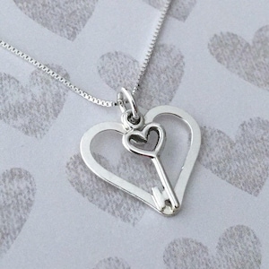 Love Heart and Key Set Necklace, Sterling Silver Sweetheart Gift, Mother&#39;s Day Gift, Valentine&#39;s Day Gift, Gift For Her. Key To My Heart.